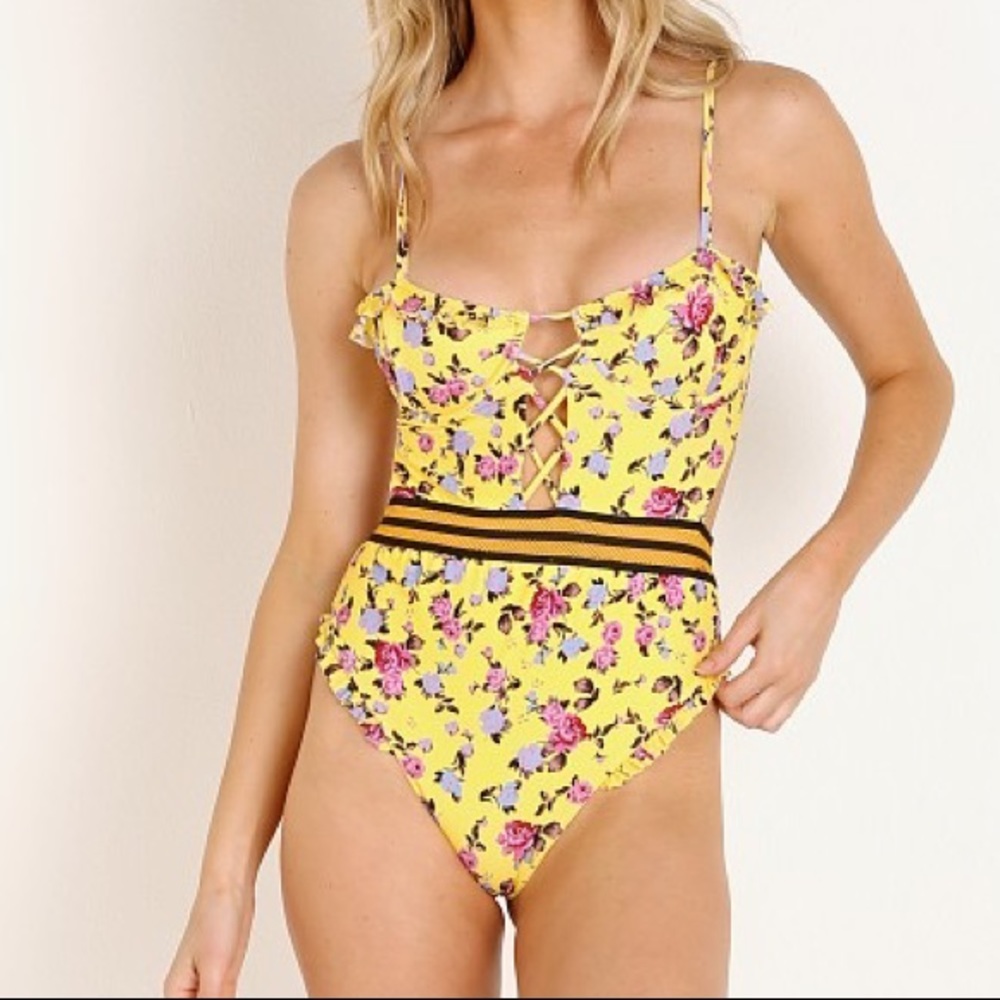NWT For Love and Lemons Paulina Laced Yellow One Piece Swimsuit size M